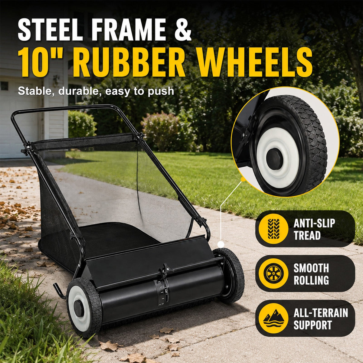 26-Inch Push Lawn Sweeper for Leaves & Grass Clippings