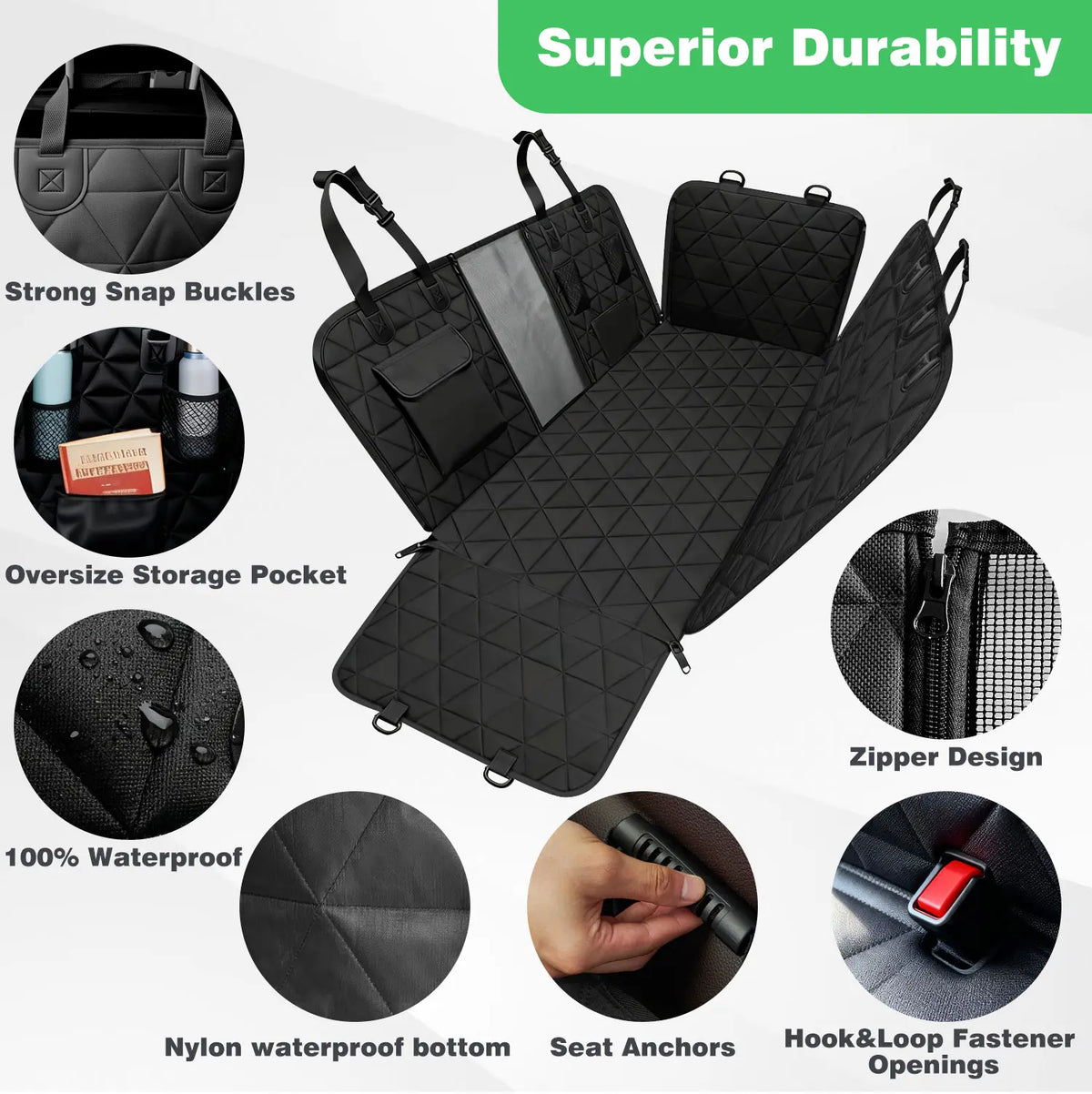 Dog Car Seat Cover for Back Seat, 100% Waterproof Dog Hammock Scratchproof, 600D Nonslip with Mesh Window and Storage Pocket, Cars Trucks SUV