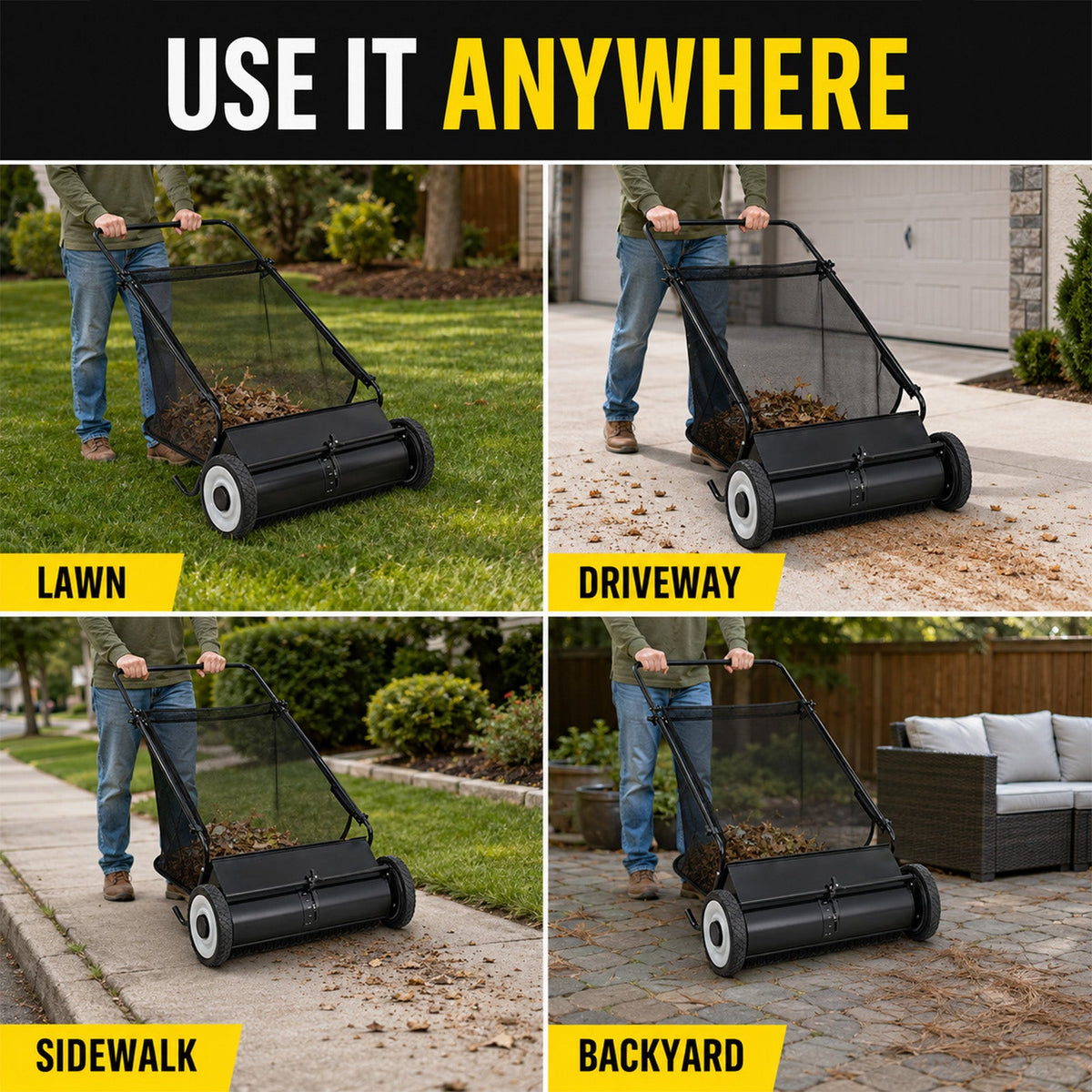 26-Inch Push Lawn Sweeper for Leaves & Grass Clippings