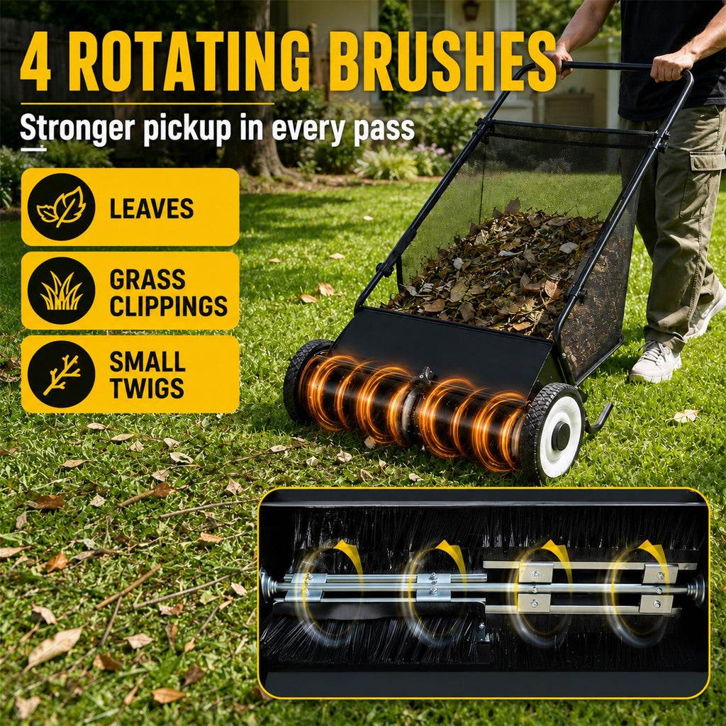 26-Inch Push Lawn Sweeper for Leaves & Grass Clippings