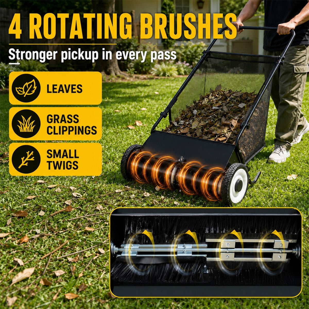26-Inch Push Lawn Sweeper for Leaves & Grass Clippings