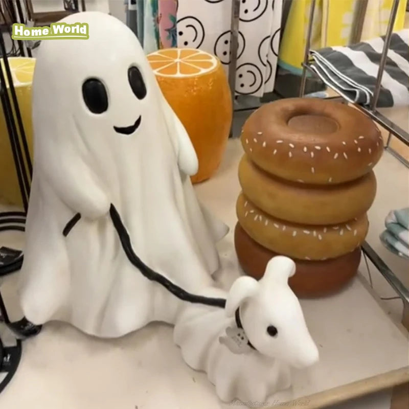 Ghost Walking a Dog — Halloween Resin Figurine
