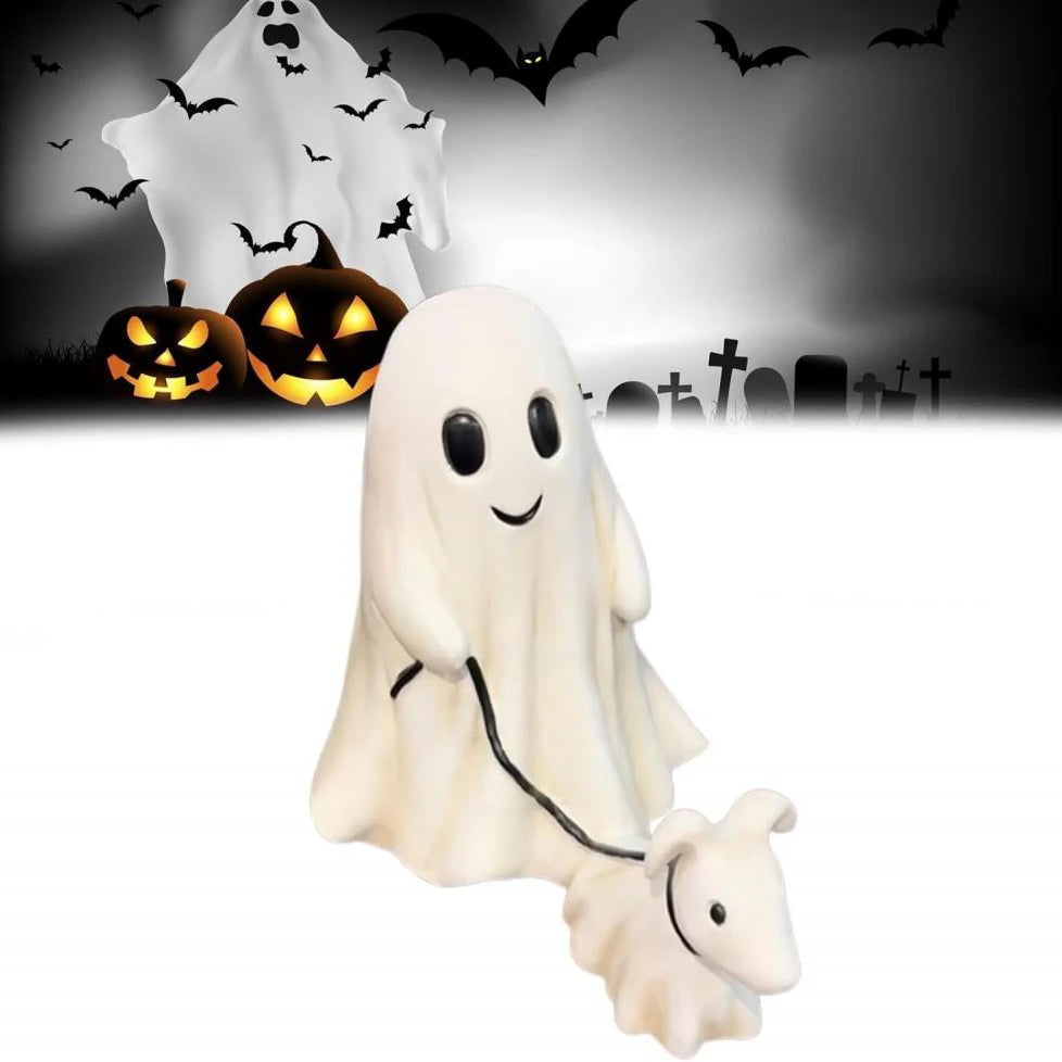 Ghost Walking a Dog — Halloween Resin Figurine
