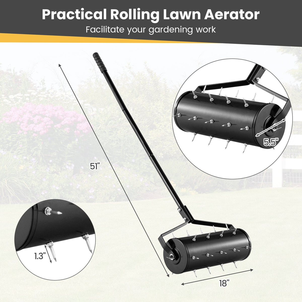 Rolling Spike Lawn Aerator with Detachable Handle — 18 or 21 Inch