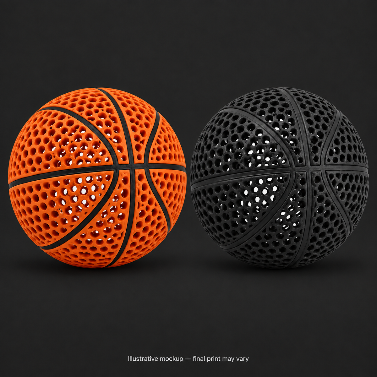 Illustrative orange and black airless basketballs on charcoal background