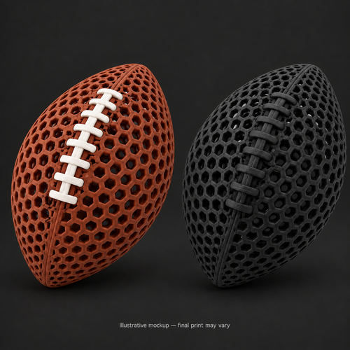 Illustrative brown and black airless footballs on charcoal background
