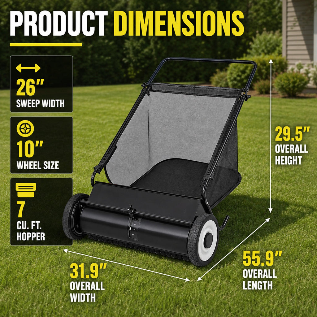 26-Inch Push Lawn Sweeper for Leaves & Grass Clippings