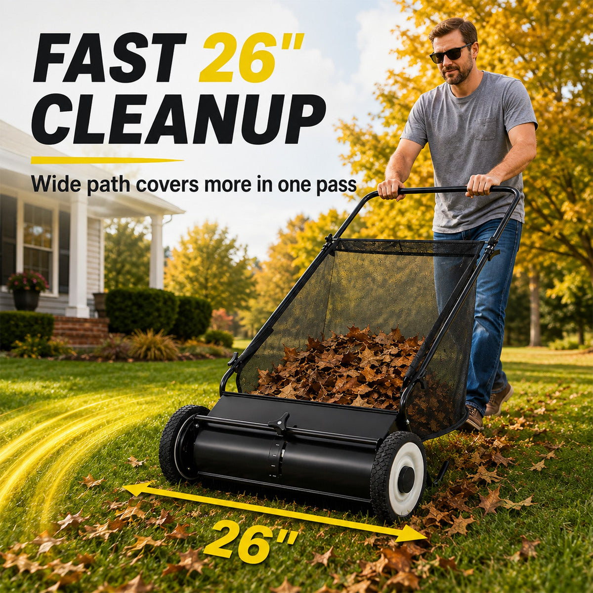 26-Inch Push Lawn Sweeper for Leaves & Grass Clippings