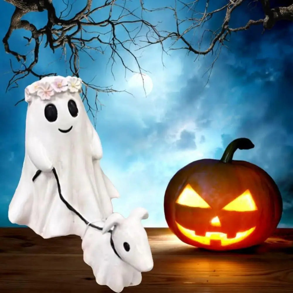 Ghost Walking a Dog — Halloween Resin Figurine