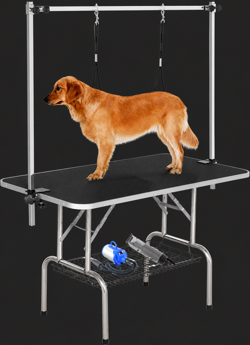 Folding Pet Grooming Table with Storage Shelf on charcoal background