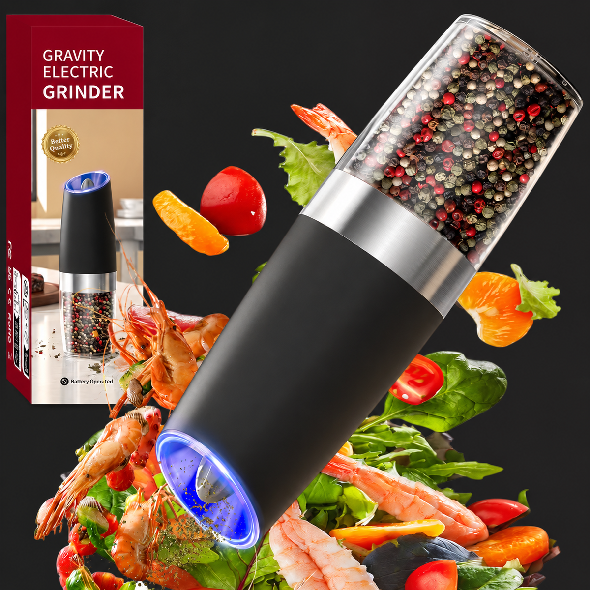 Gravity-Activated Salt and Pepper Grinder on charcoal background