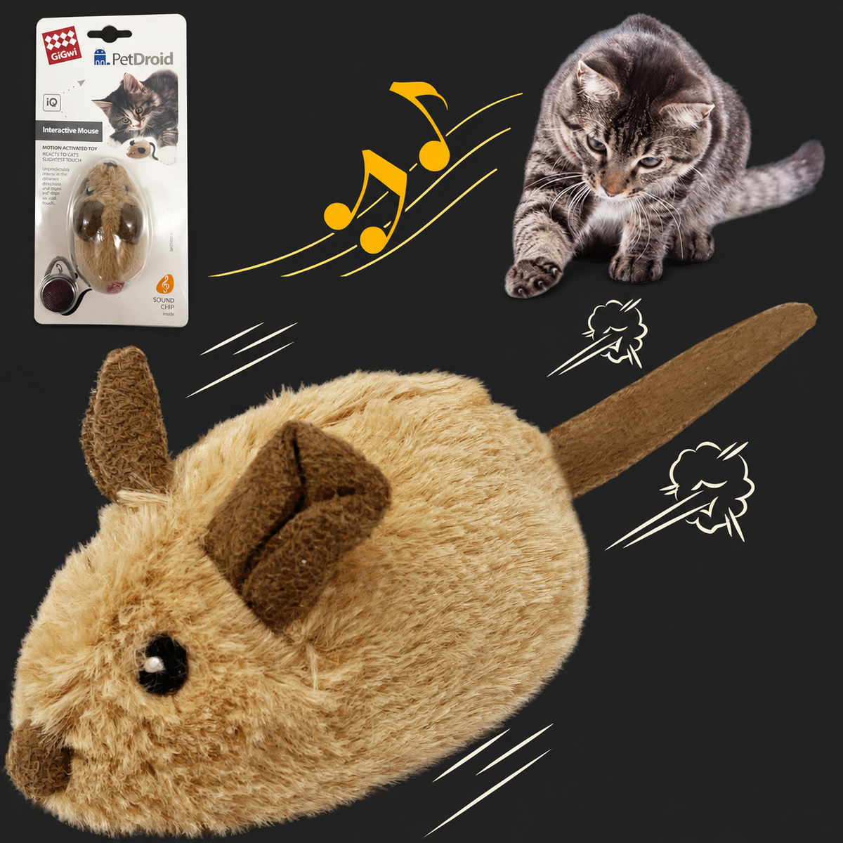 Interactive Moving Mouse Cat Toy on charcoal background