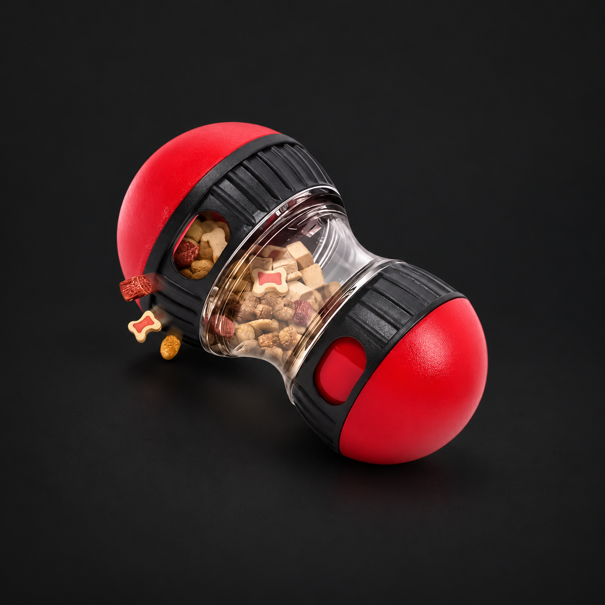 Red and black interactive dog treat dispenser on charcoal background