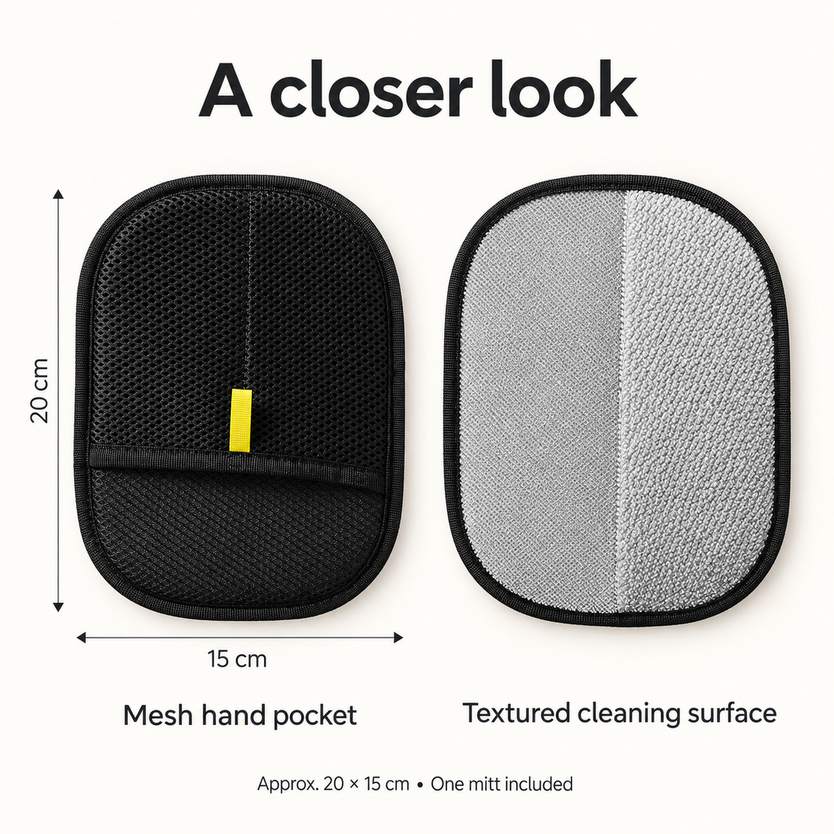 Front and back of one mitt with approximate 20 by 15 cm dimensions