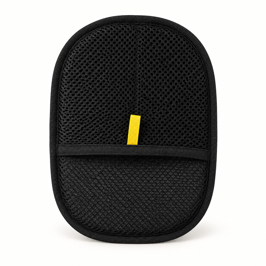 Black reusable pet hair remover mitt with mesh hand pocket and yellow tab
