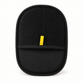 Black reusable pet hair remover mitt with mesh hand pocket and yellow tab