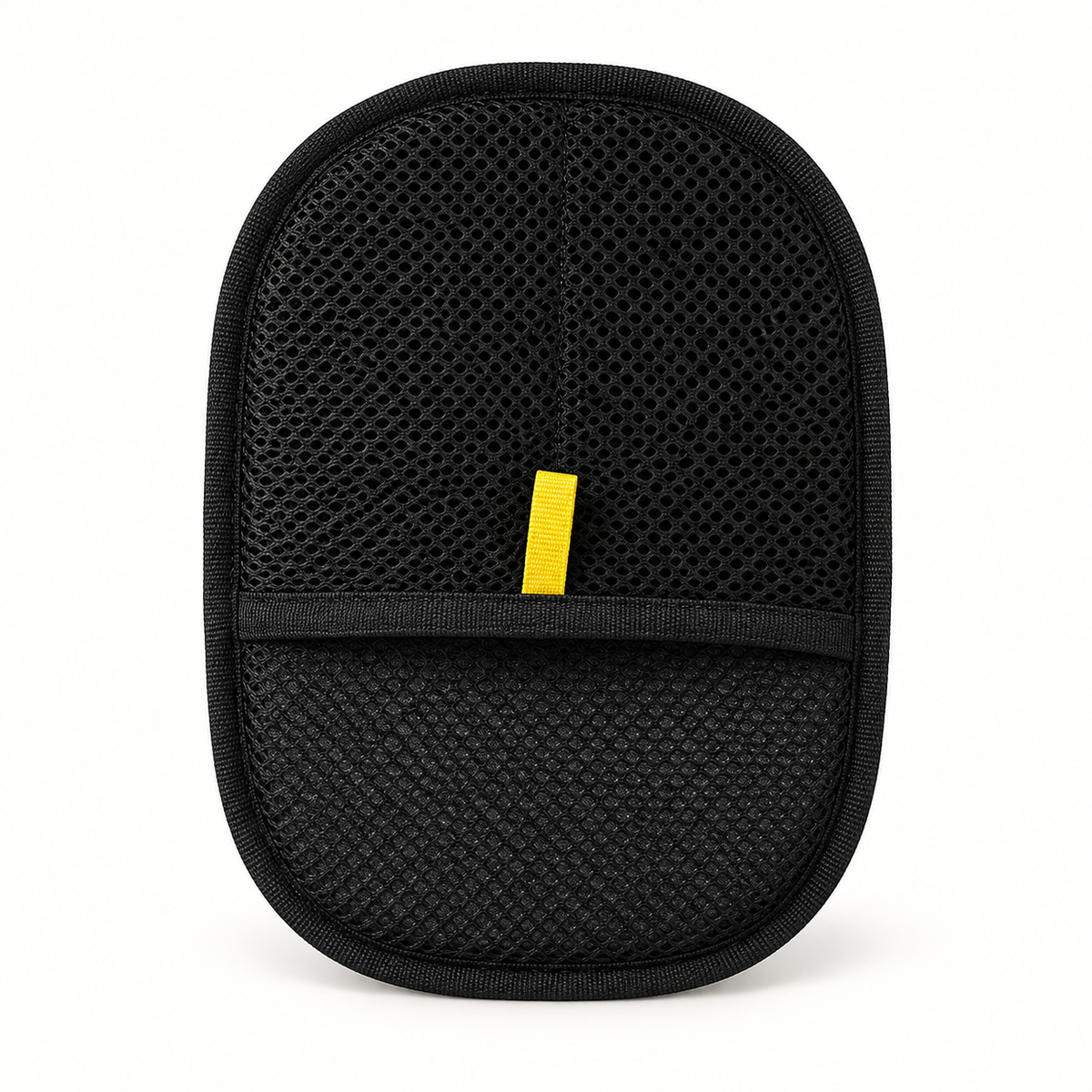 Black reusable pet hair remover mitt with mesh hand pocket and yellow tab