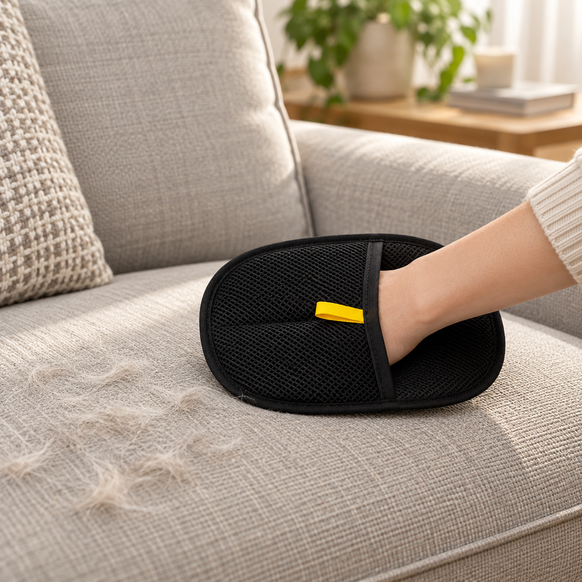 Pet hair remover mitt being used on a light fabric sofa